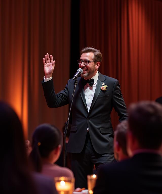 A comedian on stage at a professional corporate dinner event, with attendees laughing in the background.