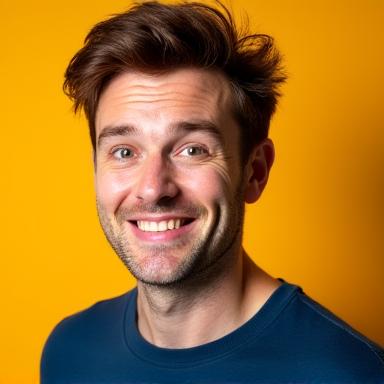 Professional headshot of male comedian Liam O'Connor with a quirky expression.